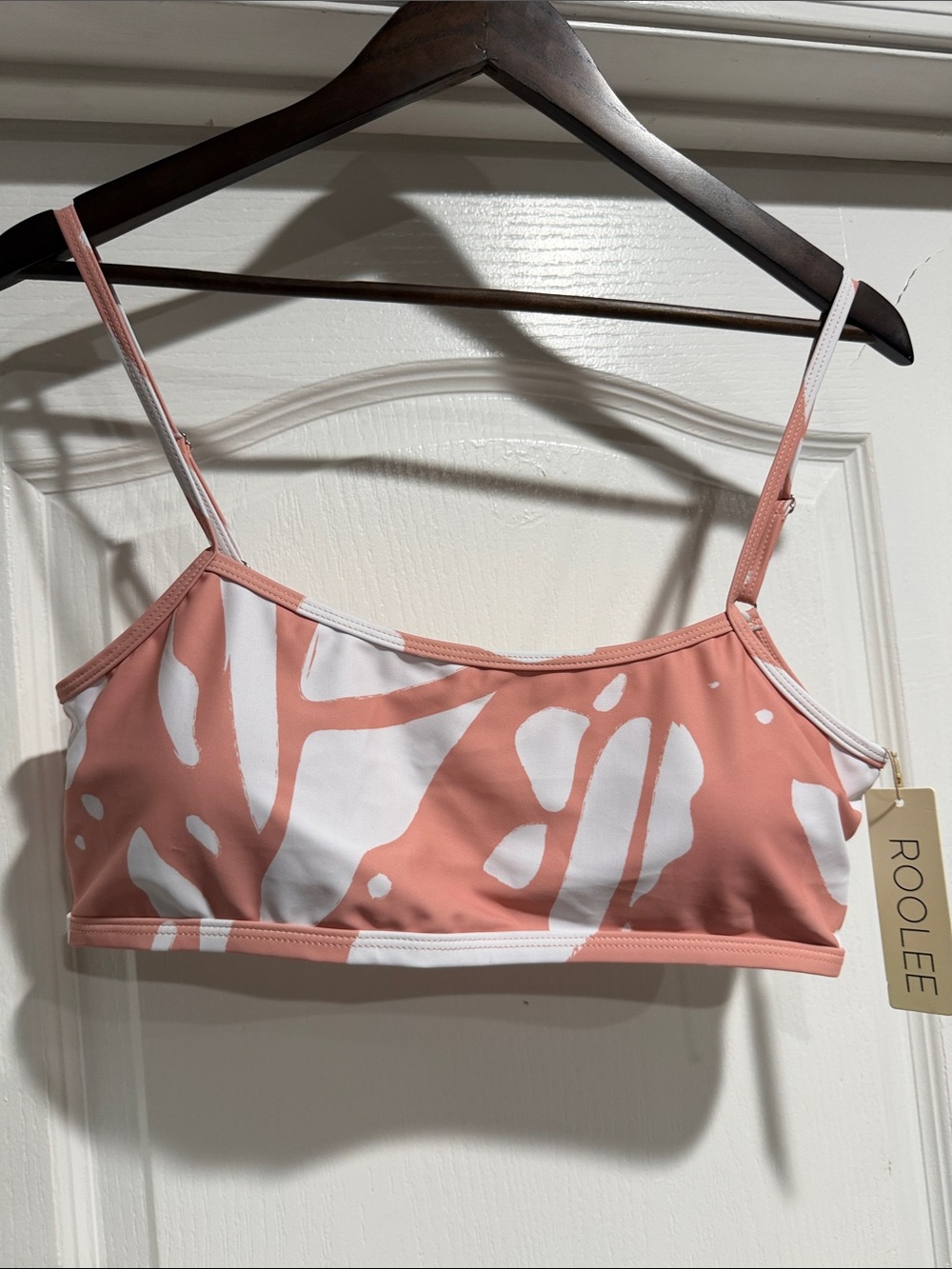 Roolee Coral Pink & White Abstract Print Swim Top